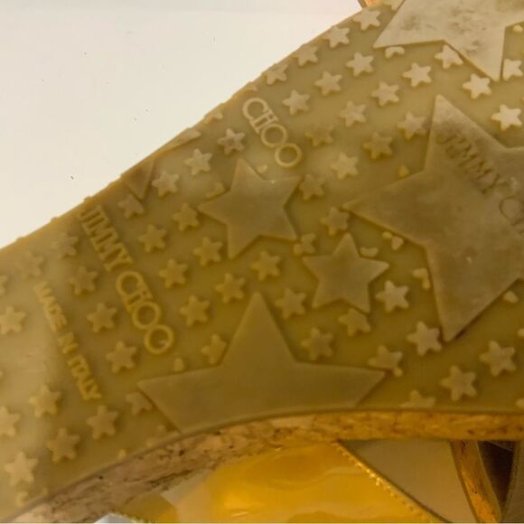 JIMMY CHOO AUTH $699 Women Beige Patent Leather Pence Thong Wedge Sandals Sz 37 - Picture 9 of 12
